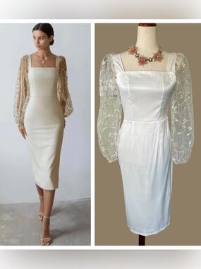 Cherley White Satin midi dress featuring sheer, embroidered puff sleeves